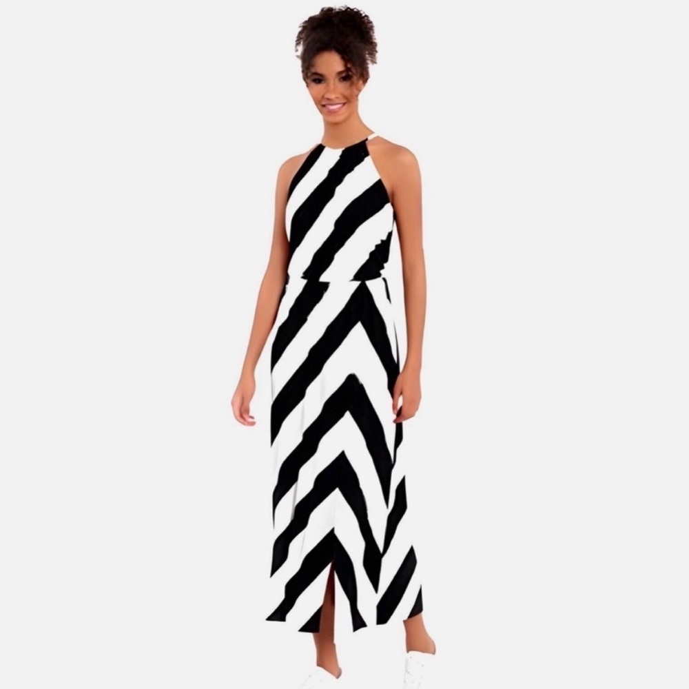 London Times Petite Black and White Striped Maxi Dress 14P